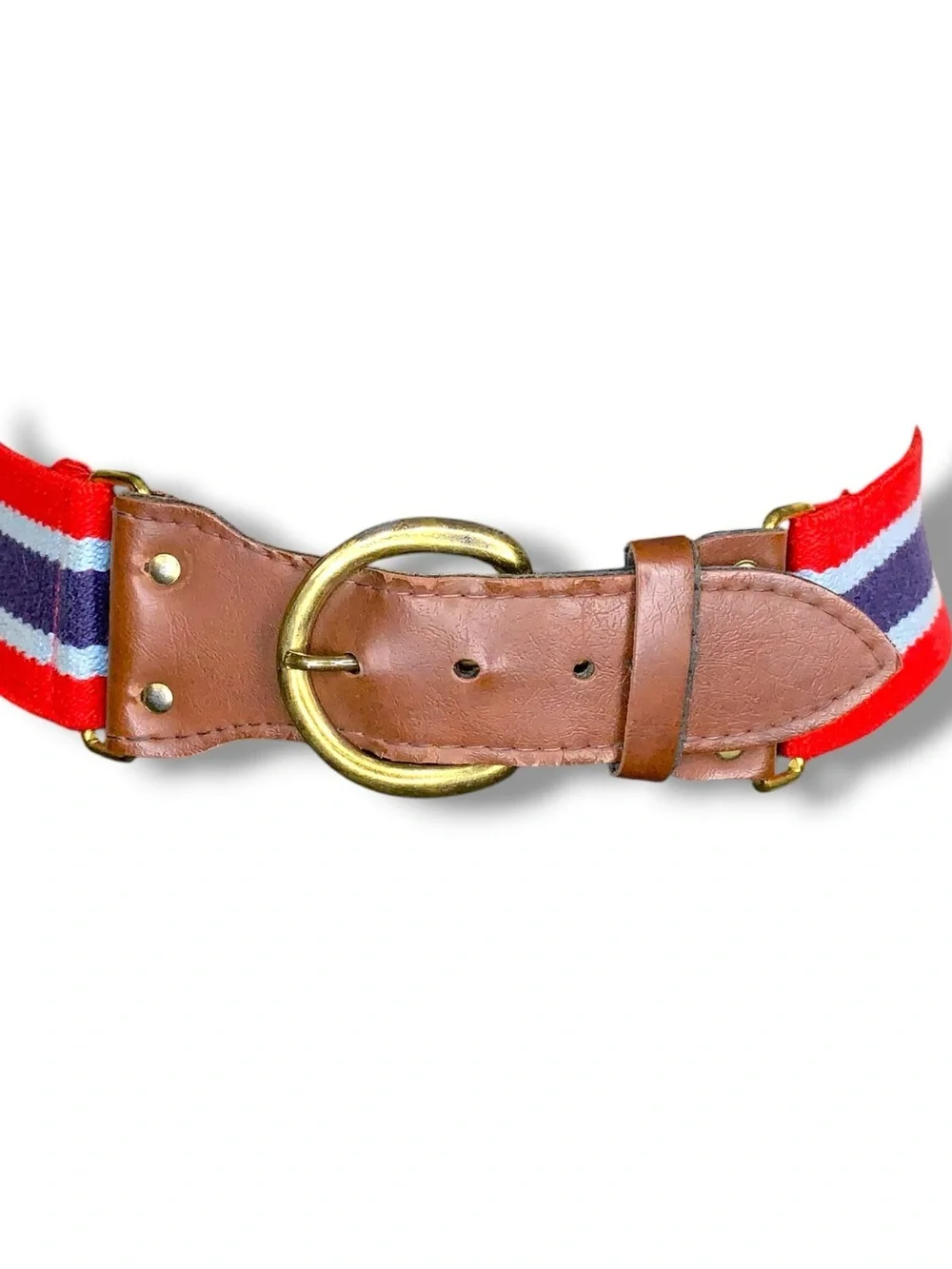 Vintage Navy Blue Red Stripe Belt Canvas Brown Leather Womens Brass Buckle